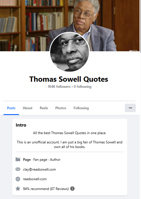 Thomas Sowell Quotes Facebook page, 171K followers